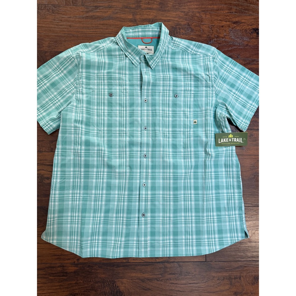 Lake & Trail Mens XXL‎ Short Sleeve Plaid Button Down Shirt Teal Performance NWT